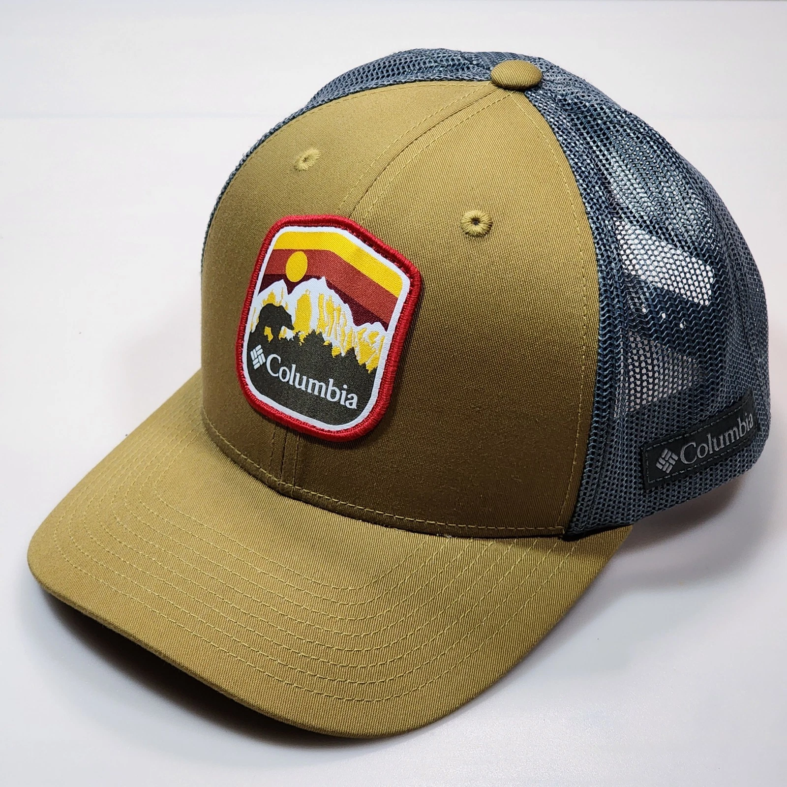 Columbia Sportswear Snapback Hat With Mountain Outdoor Patch Brown Blue Mesh