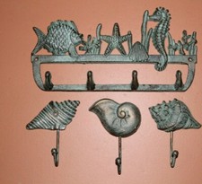 Seahorse Seashells Coral Reef Wall Hooks, Cast Iron, Nautical Escape 4 pcs