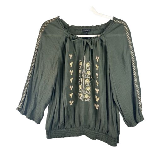 Hanna Semi Sheer Women’s Floral Embroidered Top Sequin Boho Peasant Prairie XL P