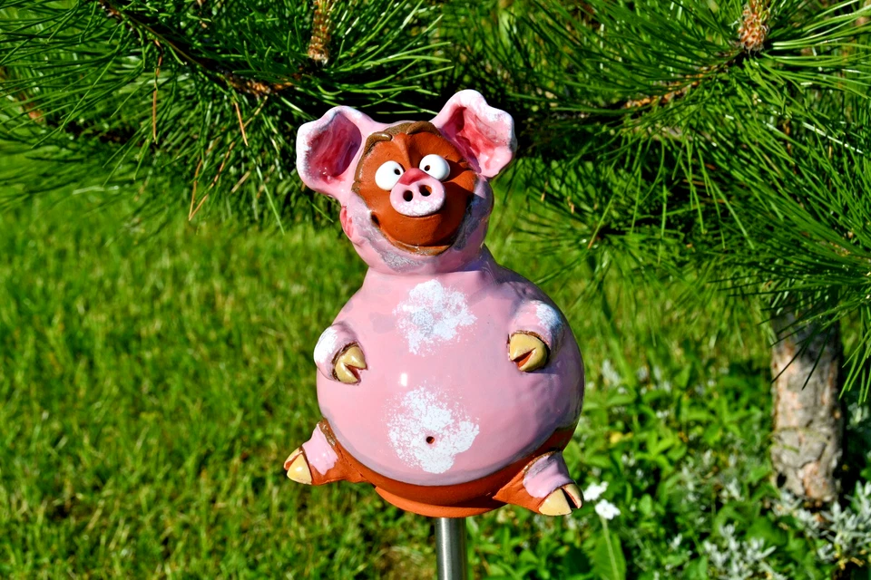 Cerámica Jardín Patio Decoración Animal Estatuilla Cerdo Divertido H 7 pulgadas Midene Hecho a Mano Foto 3 de 4