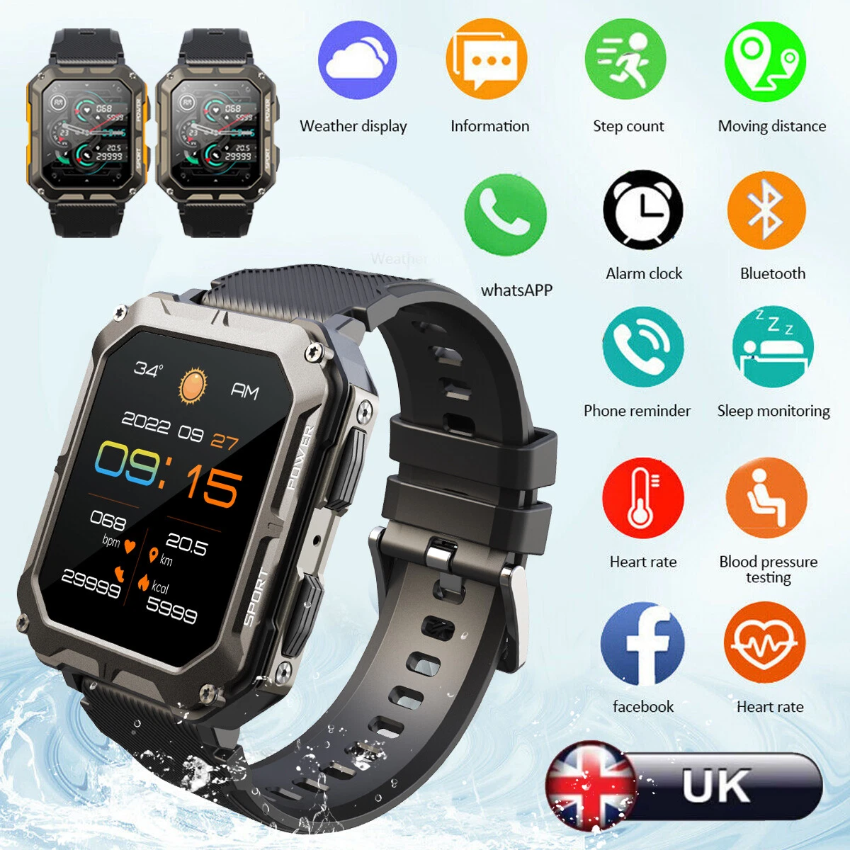 New Rugged Military Smart Watch Men Android iOS Fitness Watches Waterproof 2023