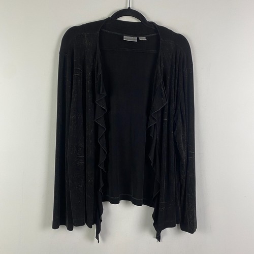 Chicos Travelers Black Slinky Open Jacket Size 3 US XL Black Metallic Ruffle