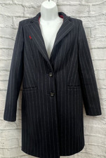 Oui Overcoat Lambs Wool & Cashmere Blend Size 10 Dark Navy Blue Pinstripe Pocket