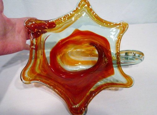 Vintage Murano Kunst Glas orange rot klar 6 Punkt Schale Wirbelgriff Mid Century - Bild 9 von 12