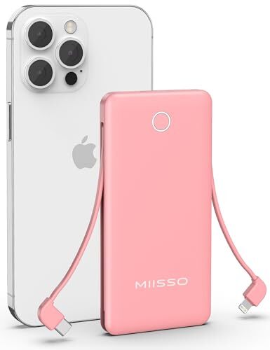 10000mAh Slim Portable Charger with Built in Cable, Power Bank Travel Pink