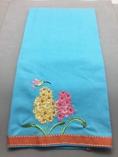 Embroidered Hummingbird Flower Dish Hand Towel 100 Cotton 28"x 18" Blue Estate