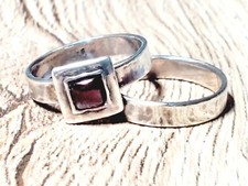2 Sterling Silver Garnet Artisan Ring  band Alternative Engagement Bridal Set