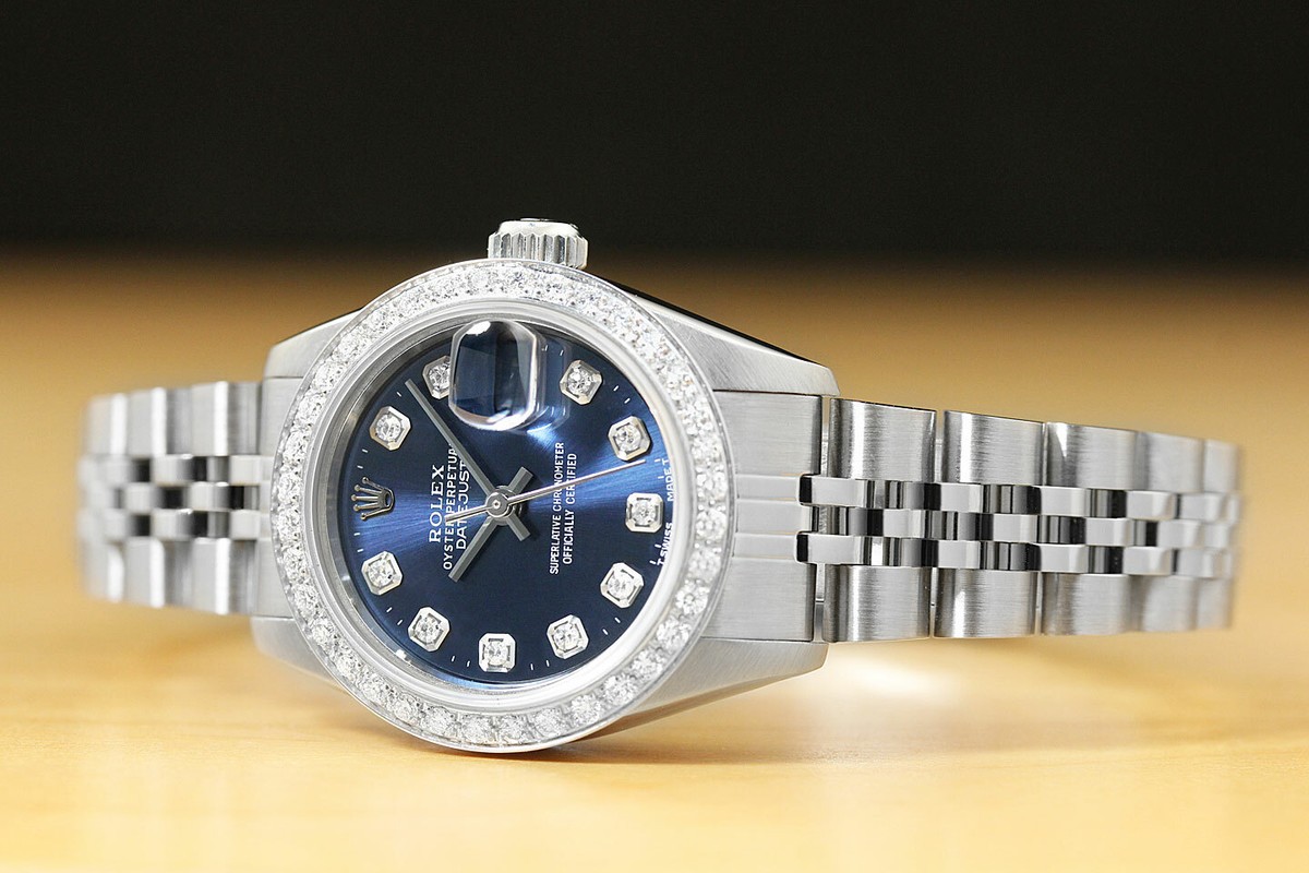 LADIES ROLEX DATEJUST 69174 BLUE DIAL 18K WHITE GOLD STEEL DIAMOND