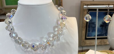 Emily Jane Faceted Large Clear Aurora Borealis Sterling Silver Necklace Earring