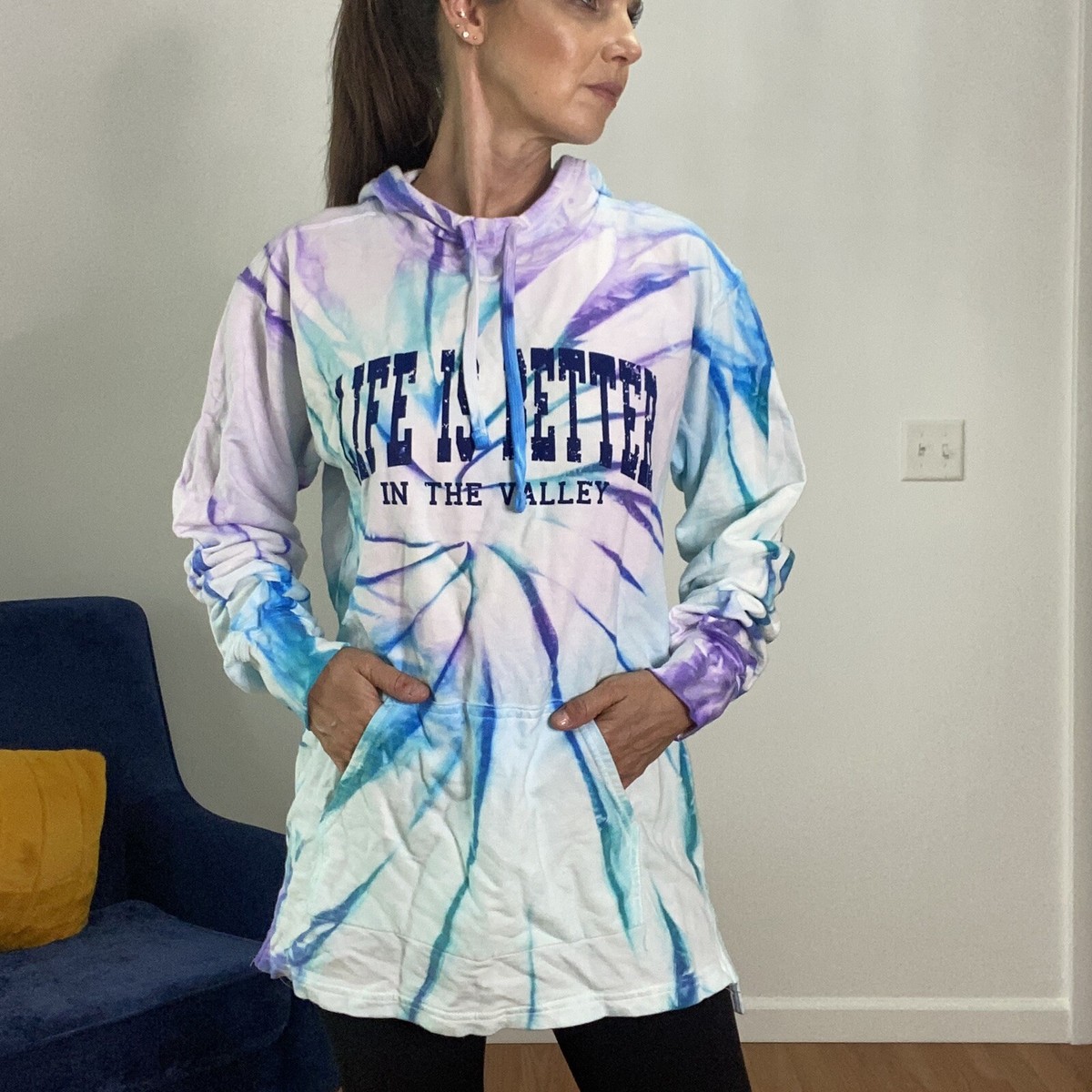 Life is Better in the Valley, Long Sleeve Tie dye Hoodie, 100% Cotton, Sz XL