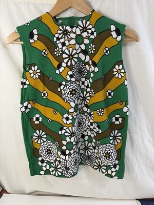 Vtg 70s Devon Mod Psychedelic Floral Knit Tank Green Shell Hippie Boho Size 38