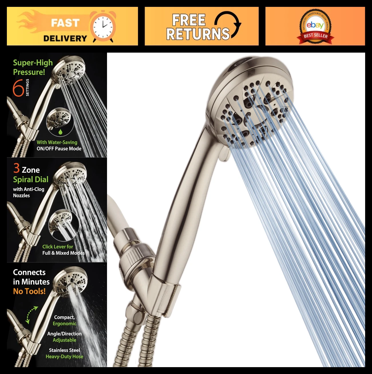 High Pressure 6-Setting Handheld Shower Head, Brushed Nickel, Stainless Steel Ho