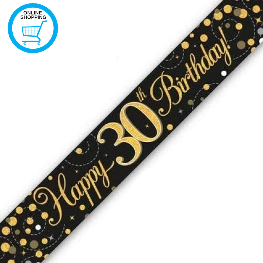 9Ft Banner Sparkling Fizz 30Th Birthday Black & Gold Holographic
