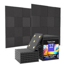 12 Pack Black High Density 1" x 12" x 12" Acoustic Sound Proof Foam Panels for
