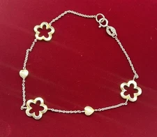 Sterling Silver 925 FAS Gold Over Silver Flower & Heart Charm Bracelet 7.75”