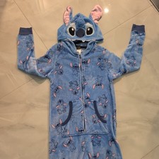 Disney Lilo Stitch Blue Fleece Hooded Union Suit Pajamas One Piece Large