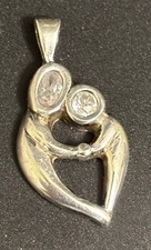 Sterling Silver Mother Child Heart Pendant with Two CZs - about 1.25"