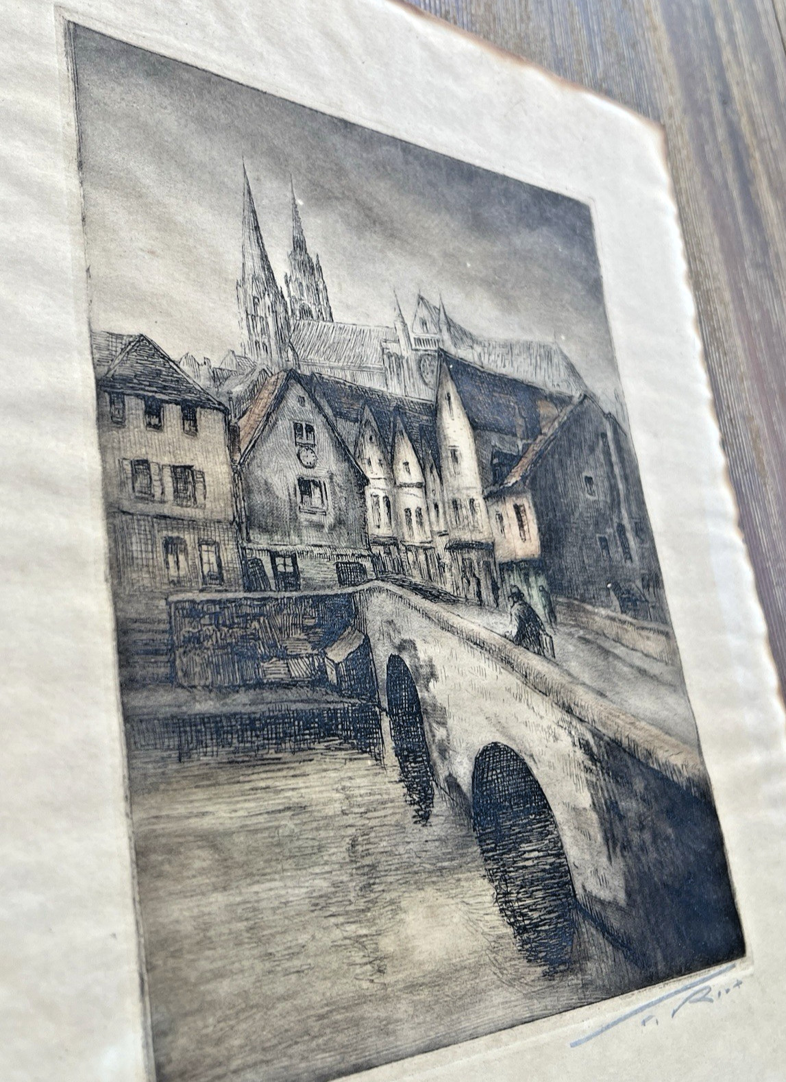 Chartres Cathedral French Aquatint Etching Signed T. Rost, Old Stone Bridge