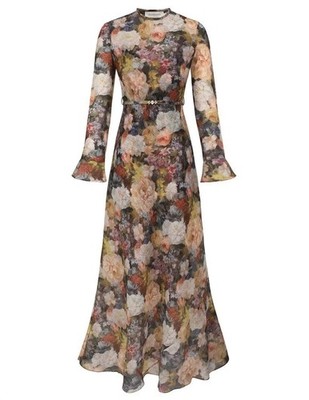 Zimmermann 2026New Long Sleeve Floral Print Round Neck Flutter Sleeve Maxi Dress