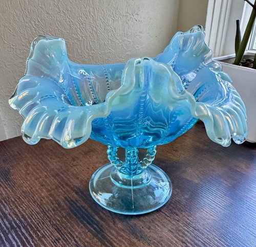 Vintage Blue Opalescent Beaded Crimp Ruffled Footed Compote Bowl - Picture 7 of 8
