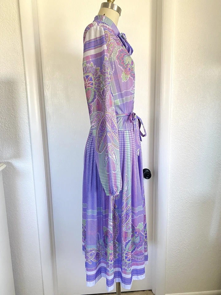 Vestido Secretaria Vintage Años 70 Psicodélico Colorido Coño Lazo Top Act Talla Grande EE. UU. Foto 4 de 4