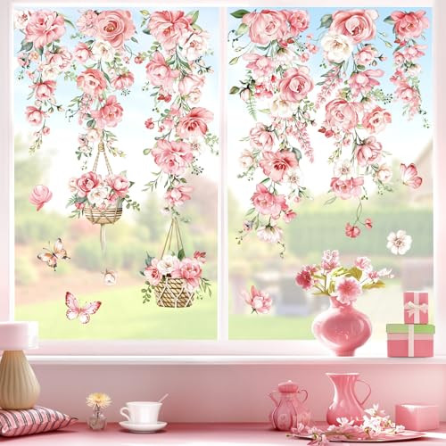 Hanging Flower Vine Double Sided Window Clings Pink Peony Floral Window - Picture 3 of 6