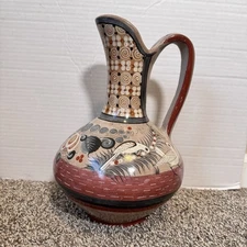 Vintage Solis Tonala Mexico Hand Painted Pitcher Water Doves Flowers Artist Sign