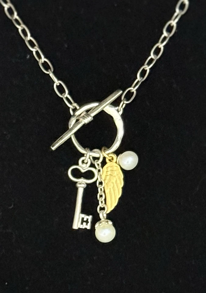 Time To Soar Necklace w Key, Feather & 2 Cultured Pearl Charms - Image 2 of 4