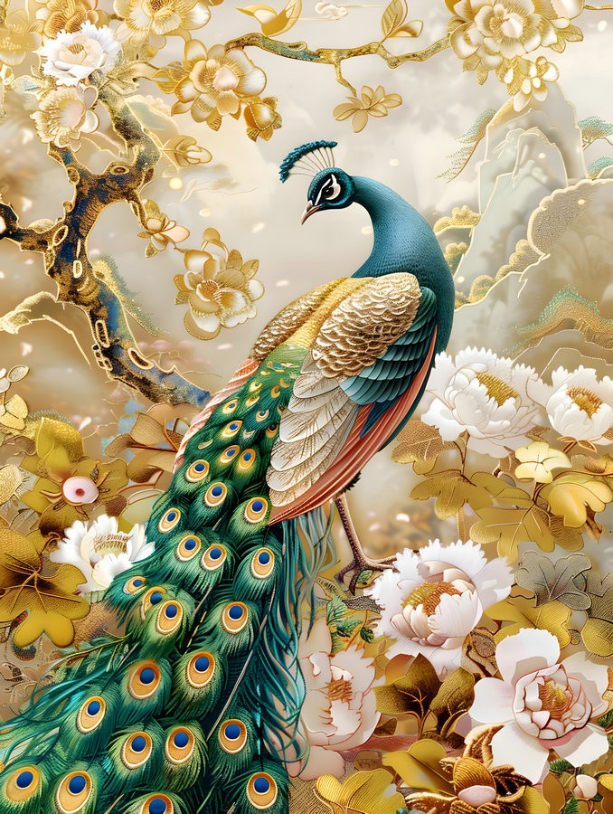 ★Original ART  ‘Peacock’ Vintage Animal Peacock and Flower Home Decor Wall Art Canvas