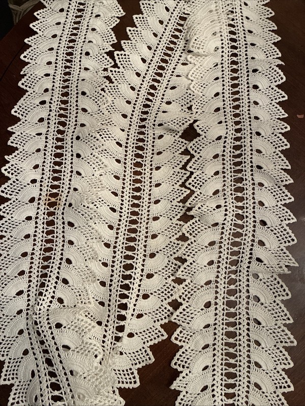 Vintage Crochet Lace Trim Panel Long Piece White Heavy Cotton ? 84” L  5.5”W