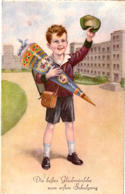 Postcard start of school in Fürstenau - boy with bag + satchel - publisher: EAS no. 1904
