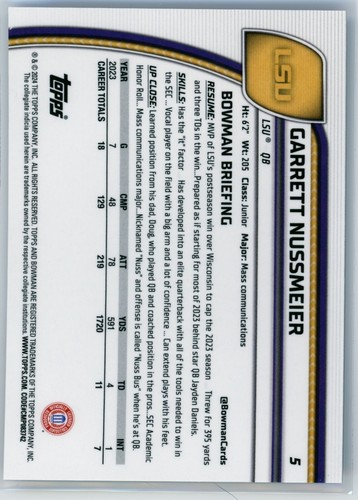 2024 Bowman University Garrett Nussmeier diamanti viola RC 361/375 #5 LSU - Foto 2 di 2