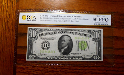 1934 $10 Federal Reserve Note (LGS)   PCGS 50 PPQ