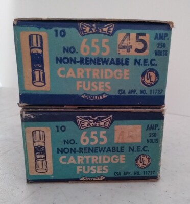 EAGLE ELECTRIC No. 655 45 AMP CARTRIDGE FUSES, 250V, 10-PACK, NOS - 2 BOXES