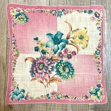 Vintage 40's Pink Blue Green Pastel Lily FLOWERS Square Scarf HOLLYWOOD REGENCY