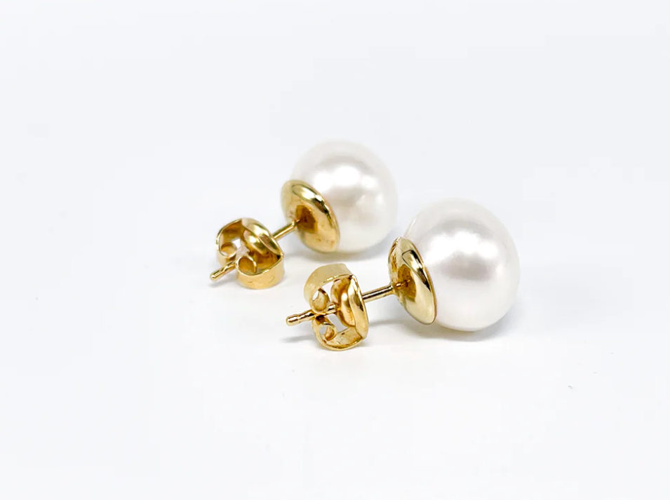 Gold Goldschmuck weiße Perlen Ohrringe Ohrstecker Ø 11mm 14