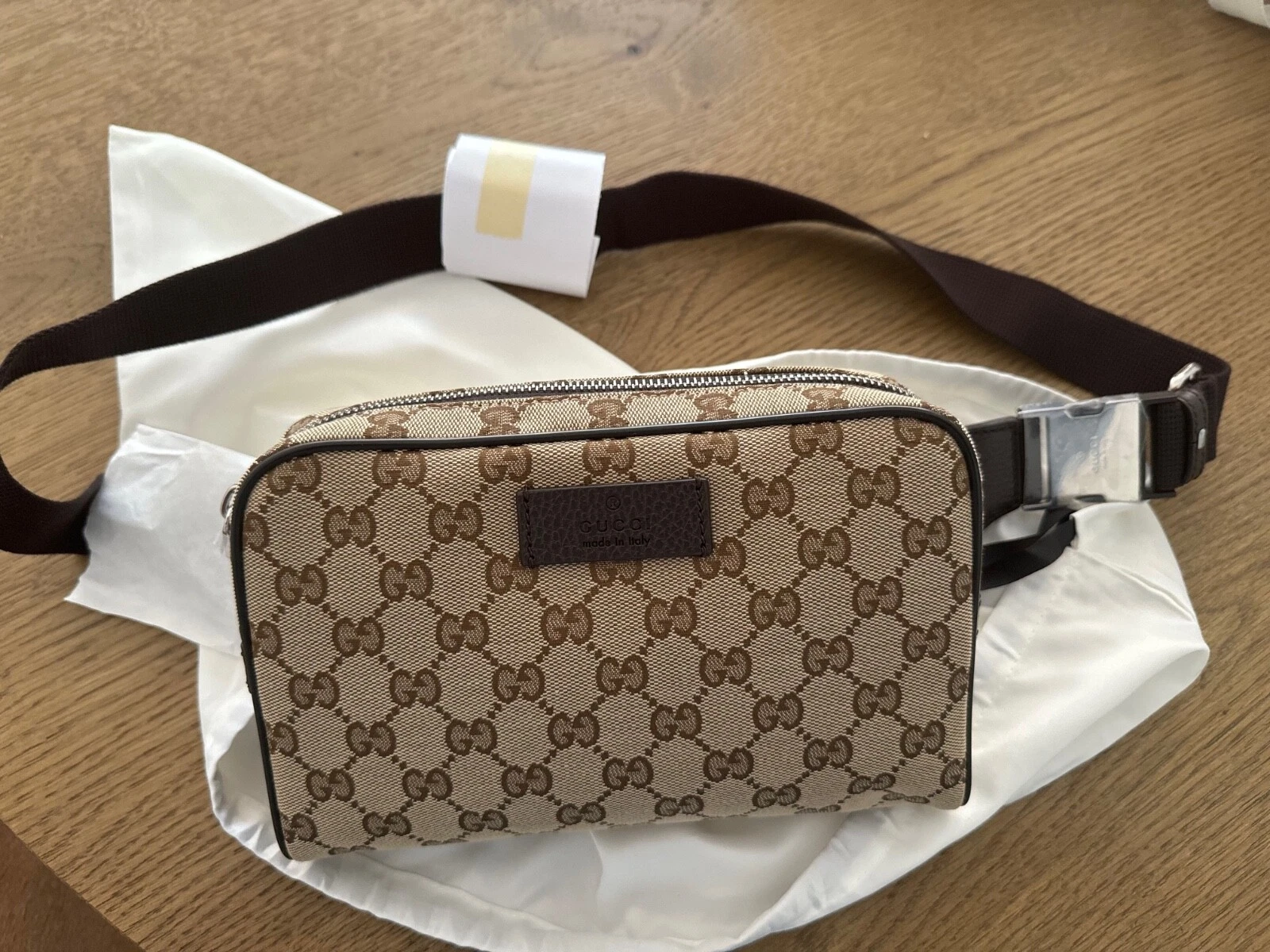 Neuf GUCCI authentique sac ceinture bandoulière beige marron GG Supreme toile zip top 