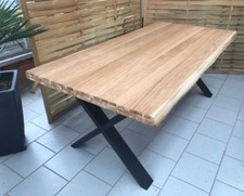 Esstisch Wildeiche Massiv Baumkantentisch 180x100cm Metallfüße X-Gestell Schwarz