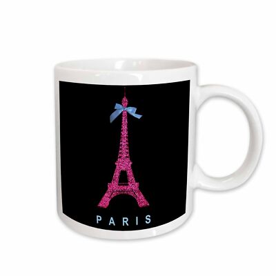 3dRose Hot Pink Paris Eiffel Tower from France with girly blue ribbon bow - Blac