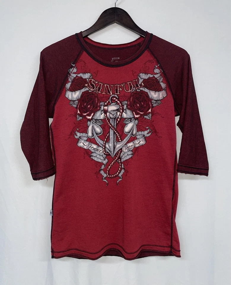 Camiseta para mujer Sinful by Affliction manga 3/4 mediana mujer rosa ancla fatal Foto 2 de 4