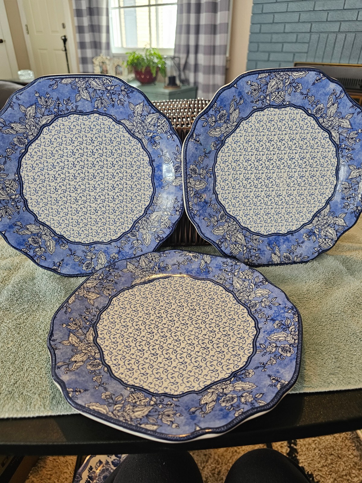 Set of 3 Certified International Jackie Von Tobel Blue and White Plates saucers