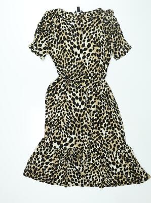New Look Damen Beige Animal Print Viskose Etuikleid Größe 14 Rundhals Pullover-B