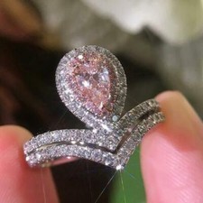 Halo Pear Pink CZ Teardrop Double V Arrow Engagement Ring Set 925 Silver