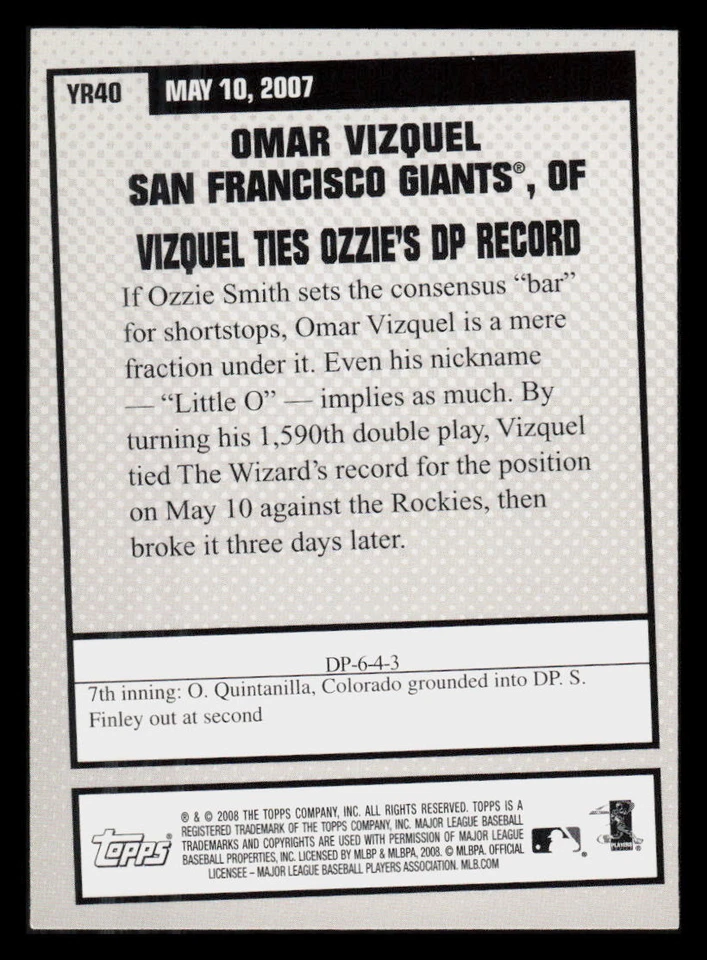2008 Topps Omar Vizquel #YR40 San Francisco Giants - Image 2 of 2