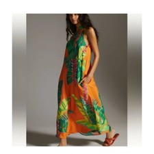 Farm Rio for Anthropologie Orange Tropical Leaf Print Maxi Dress High Neck Sz M