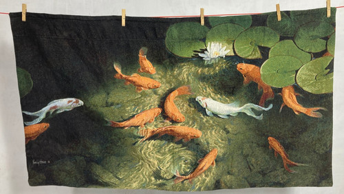 Vintage French Beautiful Koi Fish In Water Scene Wall Hanging Tapestry 141x80 cm