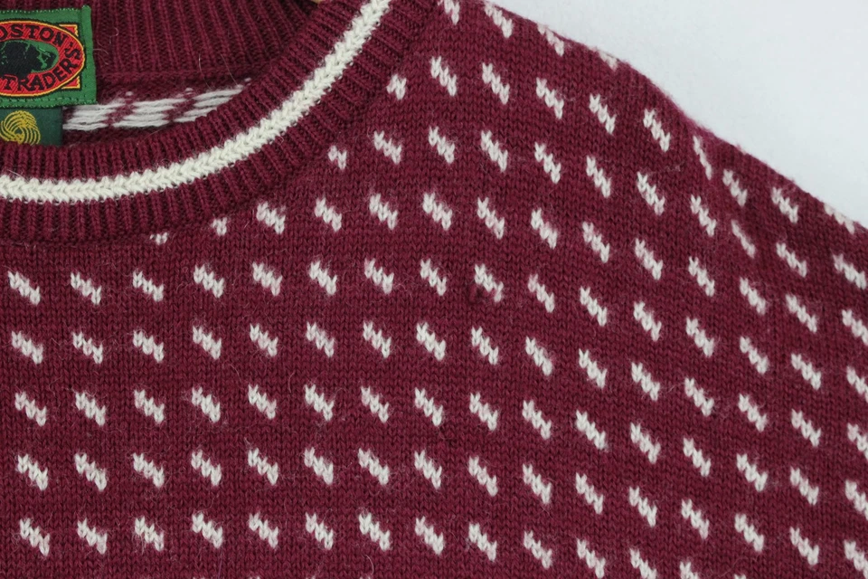 Vintage Boston Traders Jumper Mens Size L Maroon Patterned Pure Wool - Image 4 of 4