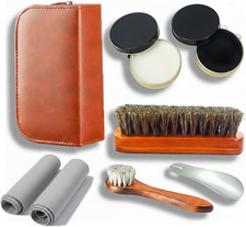 Shoe Care Kit Horsehair Brush,Long-Handled round Brush,White Black Polish,Poli