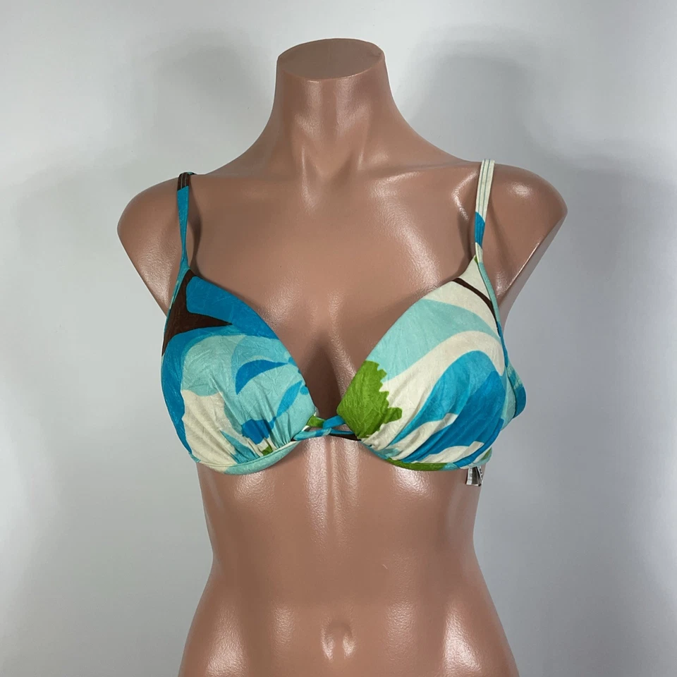 Bikini De Colección Años 90 Y2K Athena Azul Verde Abstracto 2 Piezas Con Aros Nylon Corbata Lateral Talla 10 Foto 3 de 4