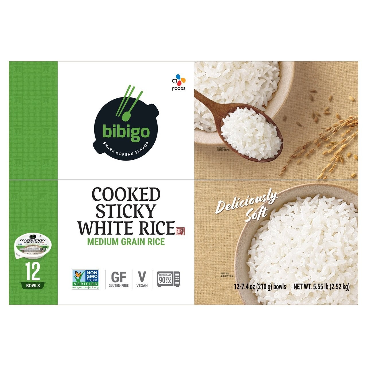 Bibigo, tazones de arroz blanco pegajoso cocido, 12 paquetes (7,4 oz cada uno), 88,8 oz en total